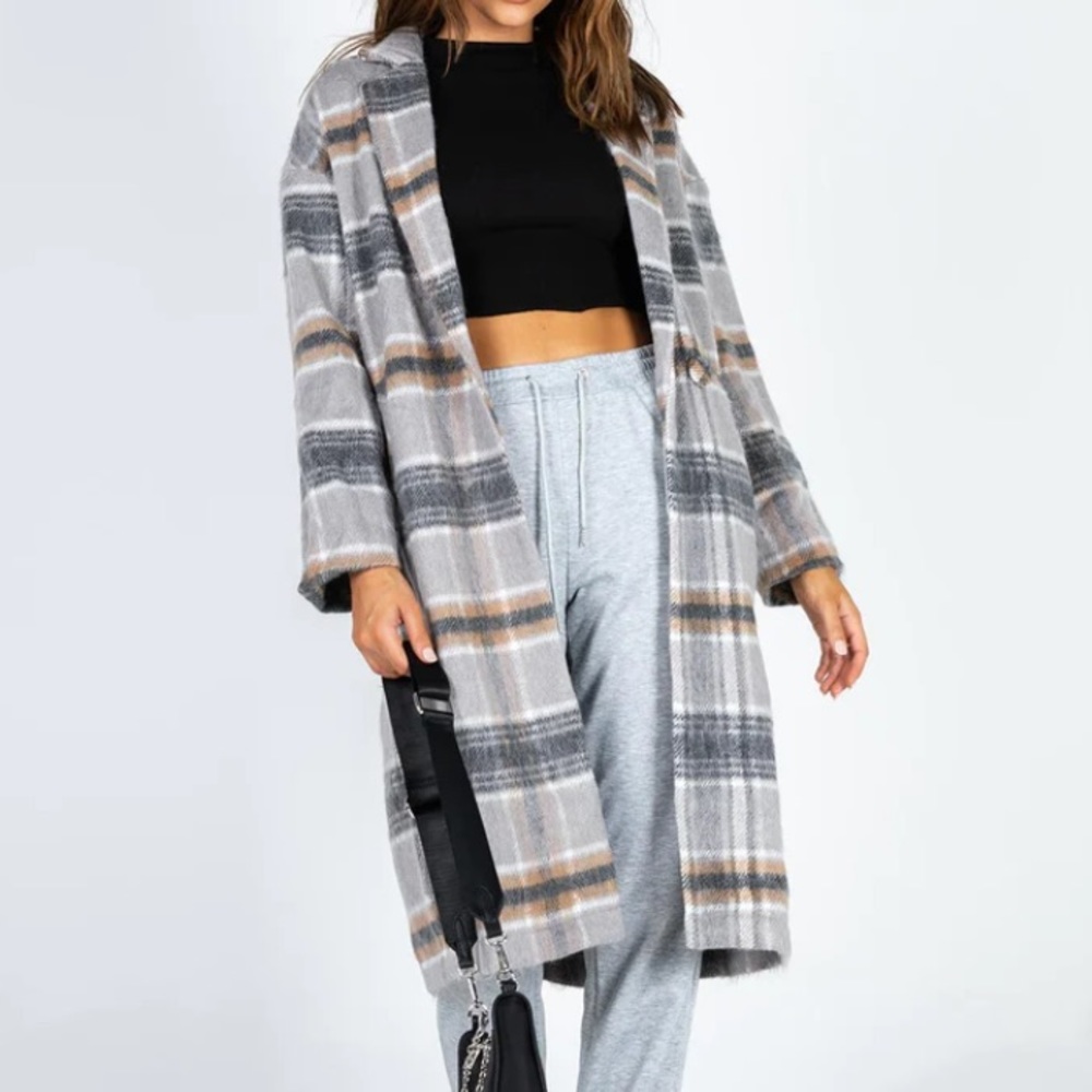 Princess Polly Gray & Brown Plaid Wool Blend One Button Coat Size L/XL
